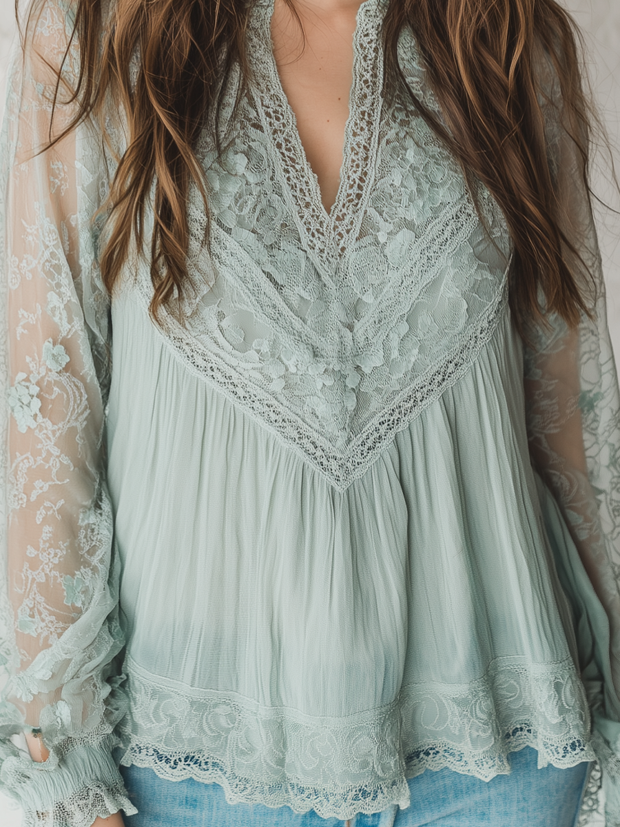 Bohemian Sage Lace V-Neck Blouse