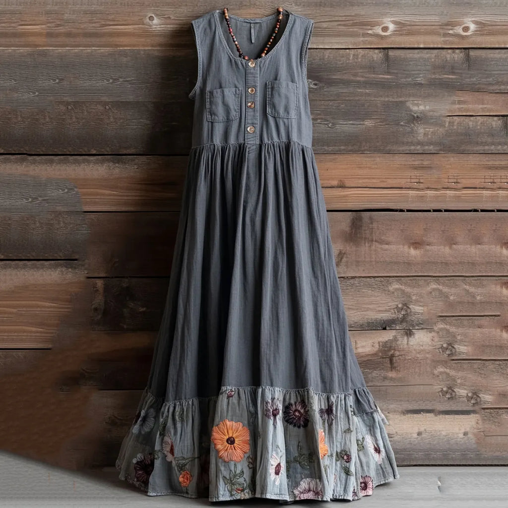 Vintage Denim Floral Patch Design Women's Dress