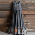 Vintage Denim Floral Patch Design Women's Dress