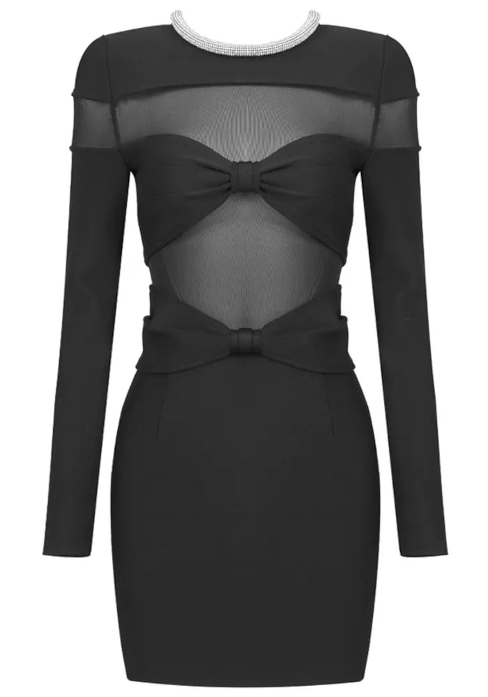 Long Sleeve Crystal Neckline Mesh Dress Black