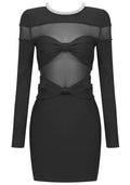 Long Sleeve Crystal Neckline Mesh Dress Black