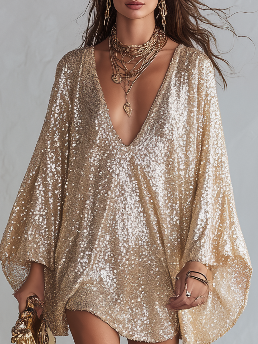 Champagne-colored Sequined Bohemian-style Mini Dress