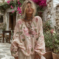 Women's Boho Floral Chunky Knit Crew Neck Sweater