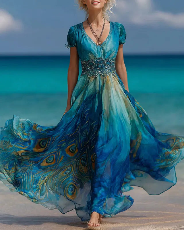 Summer Vacation Ombre Lace Turquoise Beaded Peacock Feather Print Dress 099e
