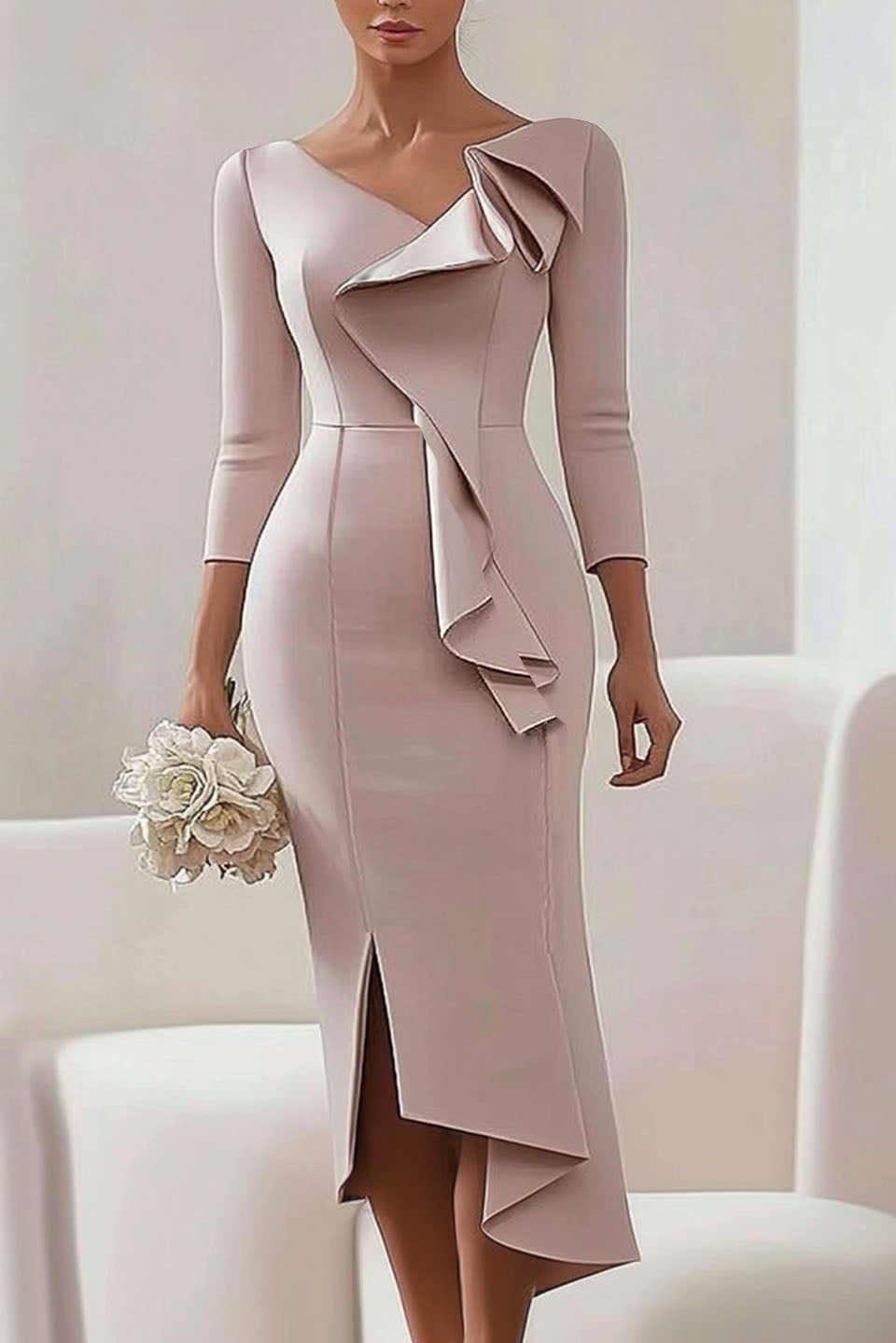 Wedding Guest Dress Pink Ruffle V Neck Midi Dress Mother of the Bride Dress