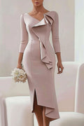 Wedding Guest Dress Pink Ruffle V Neck Midi Dress Mother of the Bride Dress