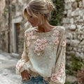Women's Vintage Pink Flower Embroidery Art Long Sleeve T-shirt