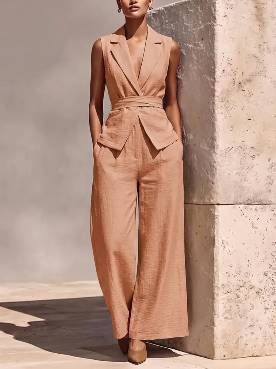 Solid Color Notched Collar Tied Sleeveless Vest Top + High Waisted Pockets Pants Trousers Two Pieces Set