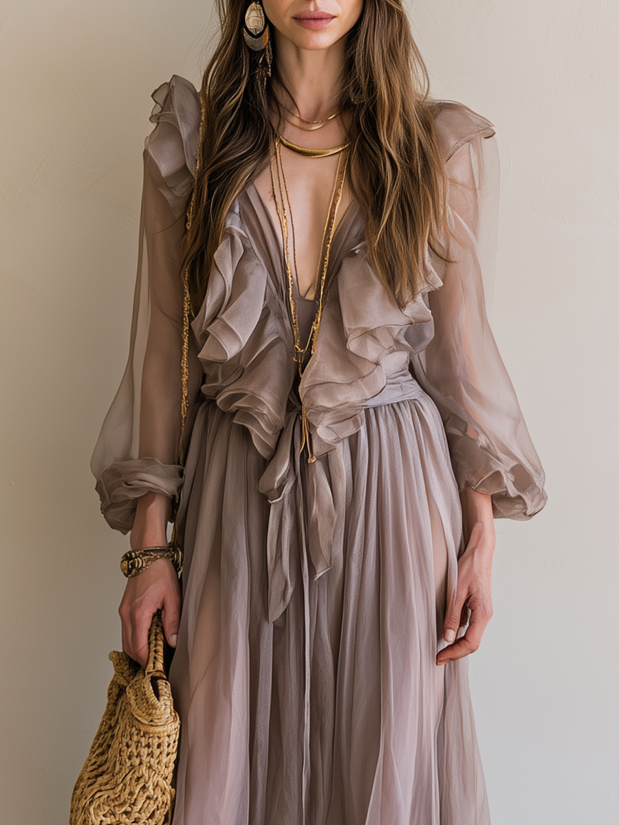 Bohemian Grey-brown Ruffled Maxi Dress