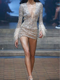 Evening Long Sleeves Plunging Sequined See-Through Feathers Mini Dresses