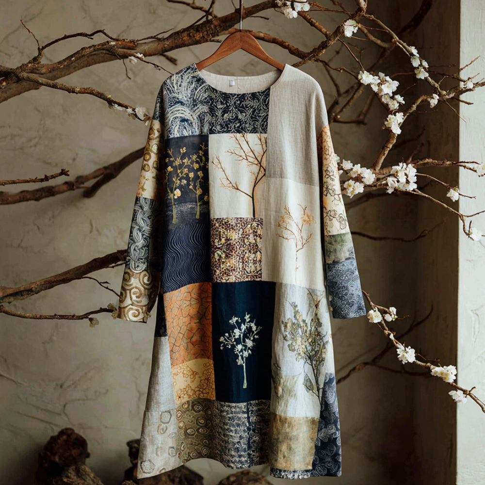 Vintage Japanese Floral Patchwork Linen Round Neck Dress
