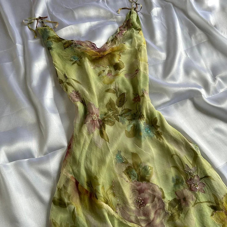 Green Floral Elegant Beaded Long Chiffon Ball Gown Evening Dress Party Dress