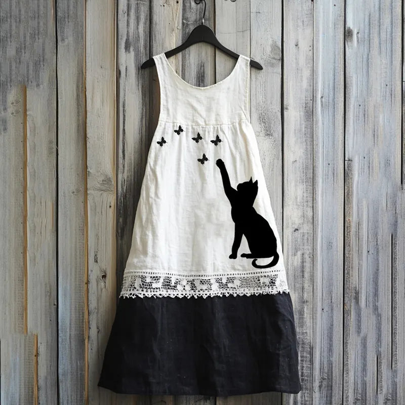 Vintage Abstract Creative Cute Black Cat  Play With Butterfly Art Linen Tank Dress