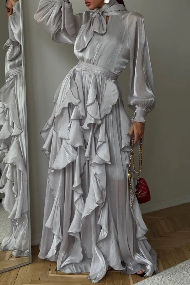 Silver Grey Tie Neck Ruffle Hem Chiffon Maxi Dress