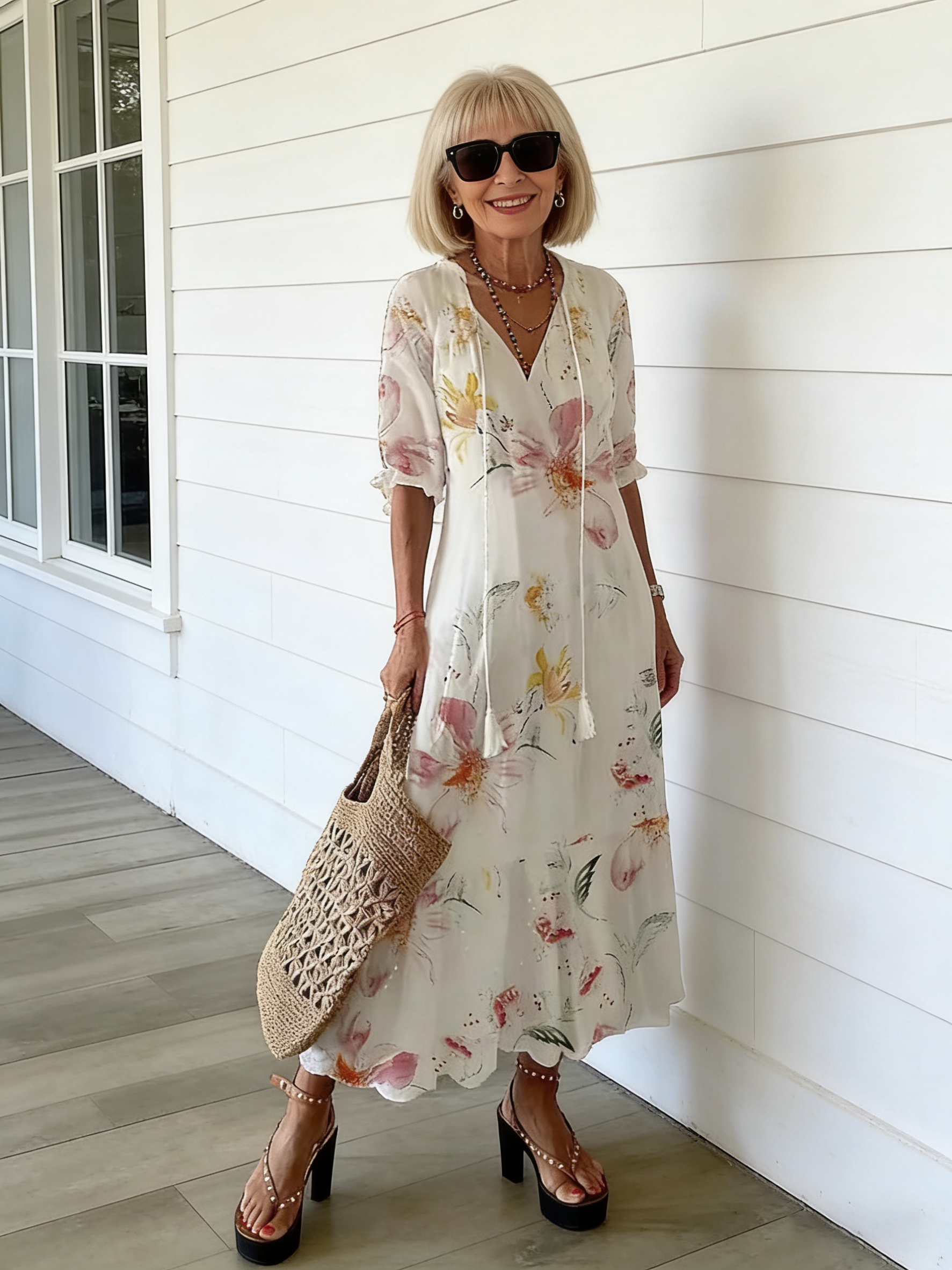 Half Sleeve Floral Print Summer Fall V Neck Casual Geometric Printed Dress