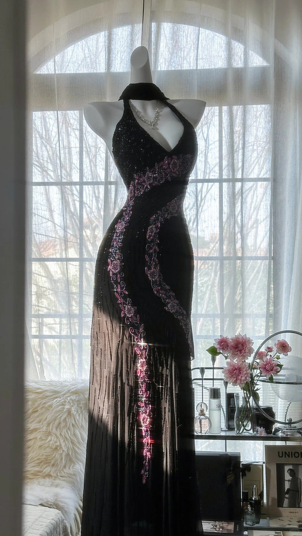 Black Shiny Vintage Elegant Romantic Delicate Pink Floral Beading Long Chiffon Homecoming Ball Gown Evening Dress Birthday/Wedding Guest/Holiday Party Dress Prom Dress 4025
