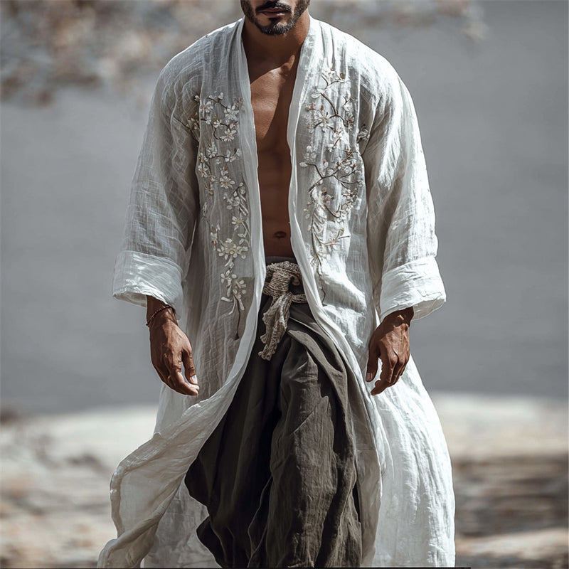Men's Japanese Almond Blossom Linen Long Kimono