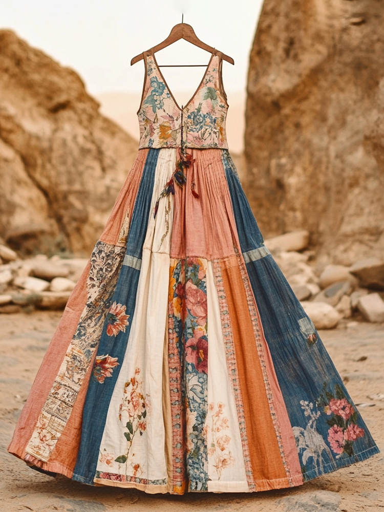 Women's Vintage Bohemian Floral Patch V-neck Cotton And Linen Dress