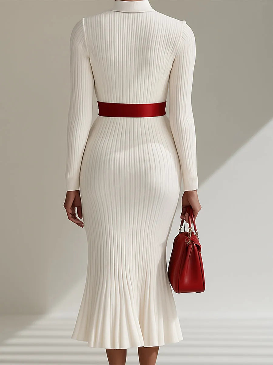 [24-hour shipping out]White Wool Lapel Button Design Maxi Dress