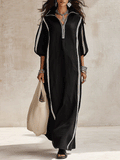 Women's Zip Collar Contrast Striped Long Sleeve Maxi Dress