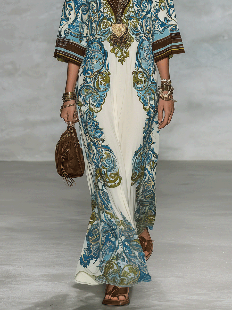 Elegant Resort Flowy Baroque-Print Deep-V Blue & Gold Maxi Dress