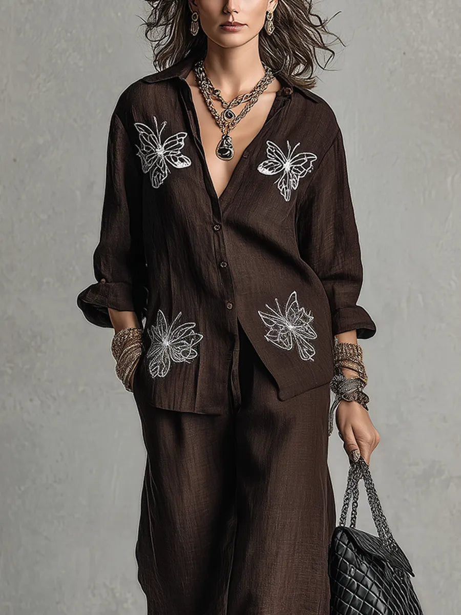 Bohemian Coffee-colored Embroidered Linen Suit