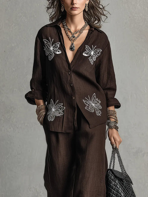 Bohemian Coffee-colored Embroidered Linen Suit