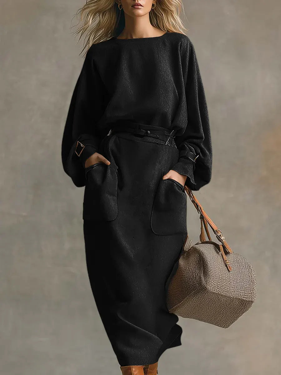 Women's Solid Color Round Neck Long Sleeve Casual Loose Dress