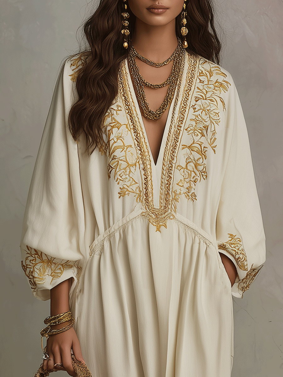 Elegant Gold Embroidered Long Sleeve Ivory Boho Maxi Dress