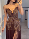 Coffee Brown Strapless Leaf Beaded Fringe Maxi Evening Dress, High Slit Formal Prom Gown