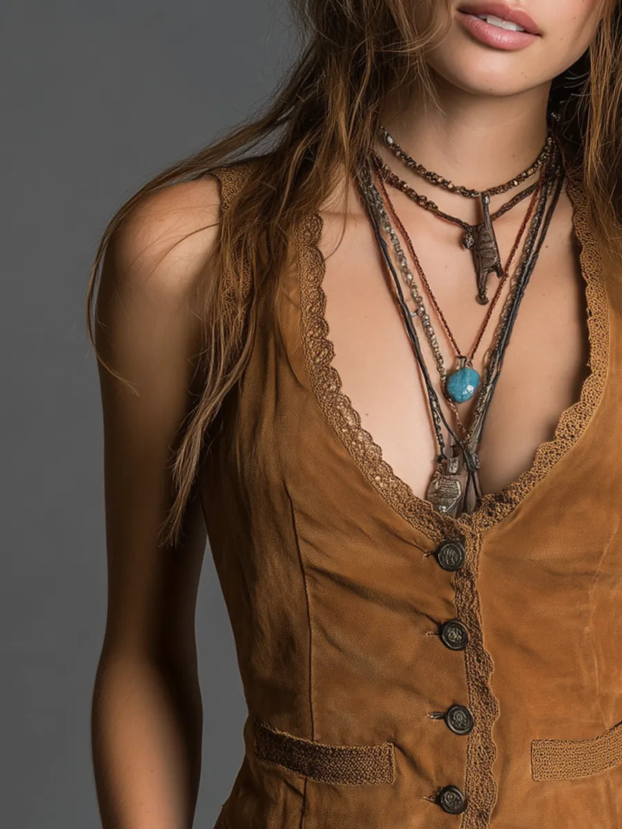 Vintage Lace Trim Distressed Vest