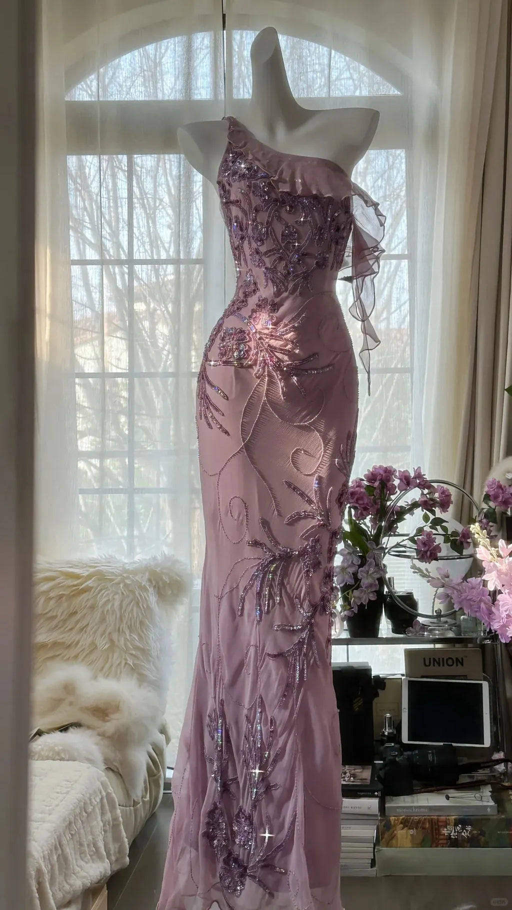 Pink Purple Romantic One Shoulder Fashion Elegant Exquisite Floral Beading Long Chiffon Ball Gown Evening Dress Birthday Holiday Party Dress Prom Dress 4012