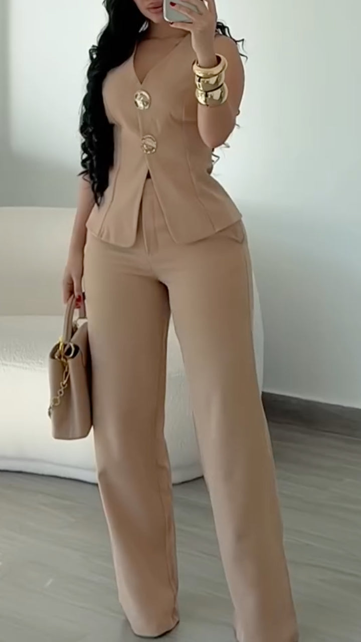 V‑Neck Vest & Wide‑Leg Pants Co‑Ord Set