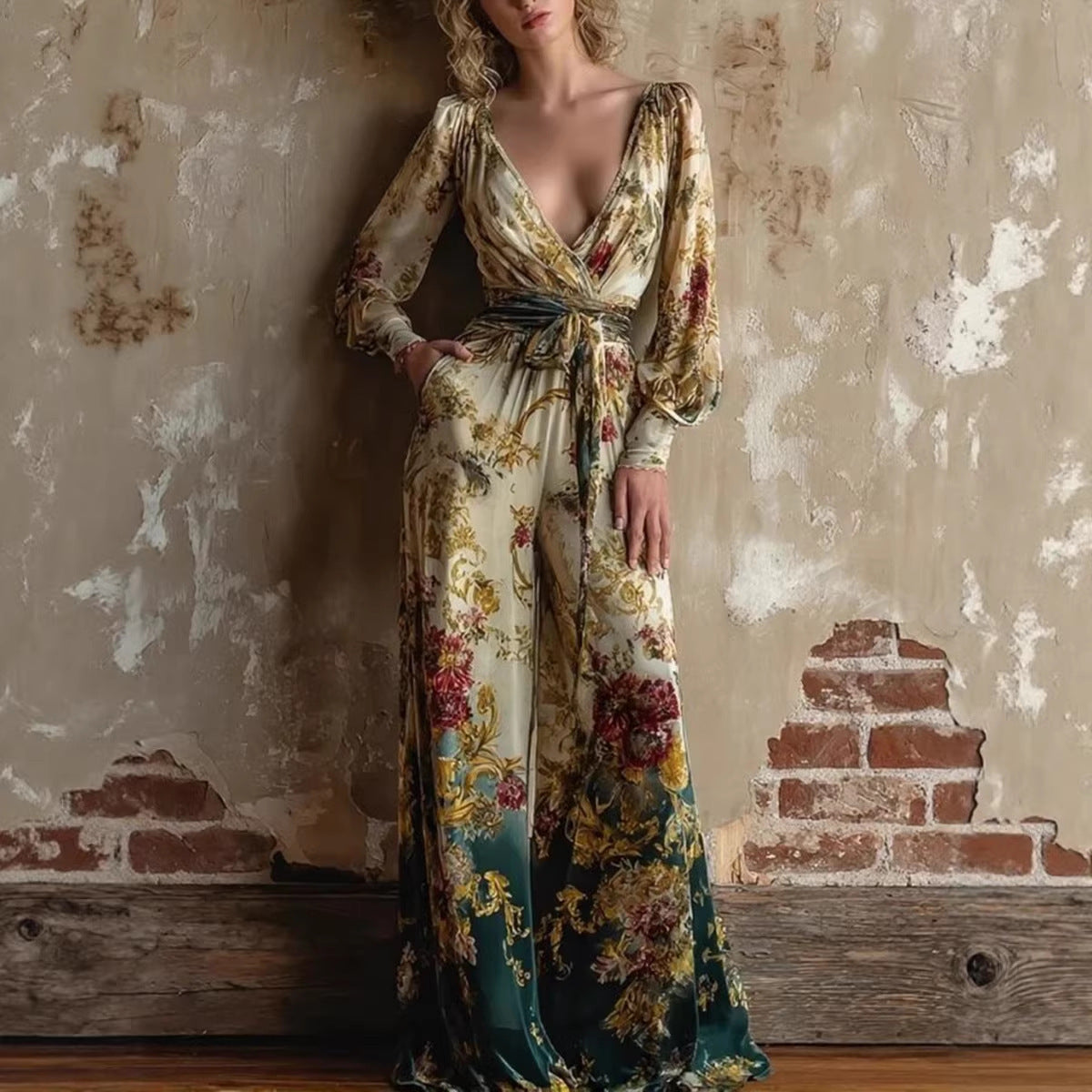 Vintage Floral Print Deep V-Neck Jumpsuit - Elegant High-Waist Wide Leg Long Sleeve Romper