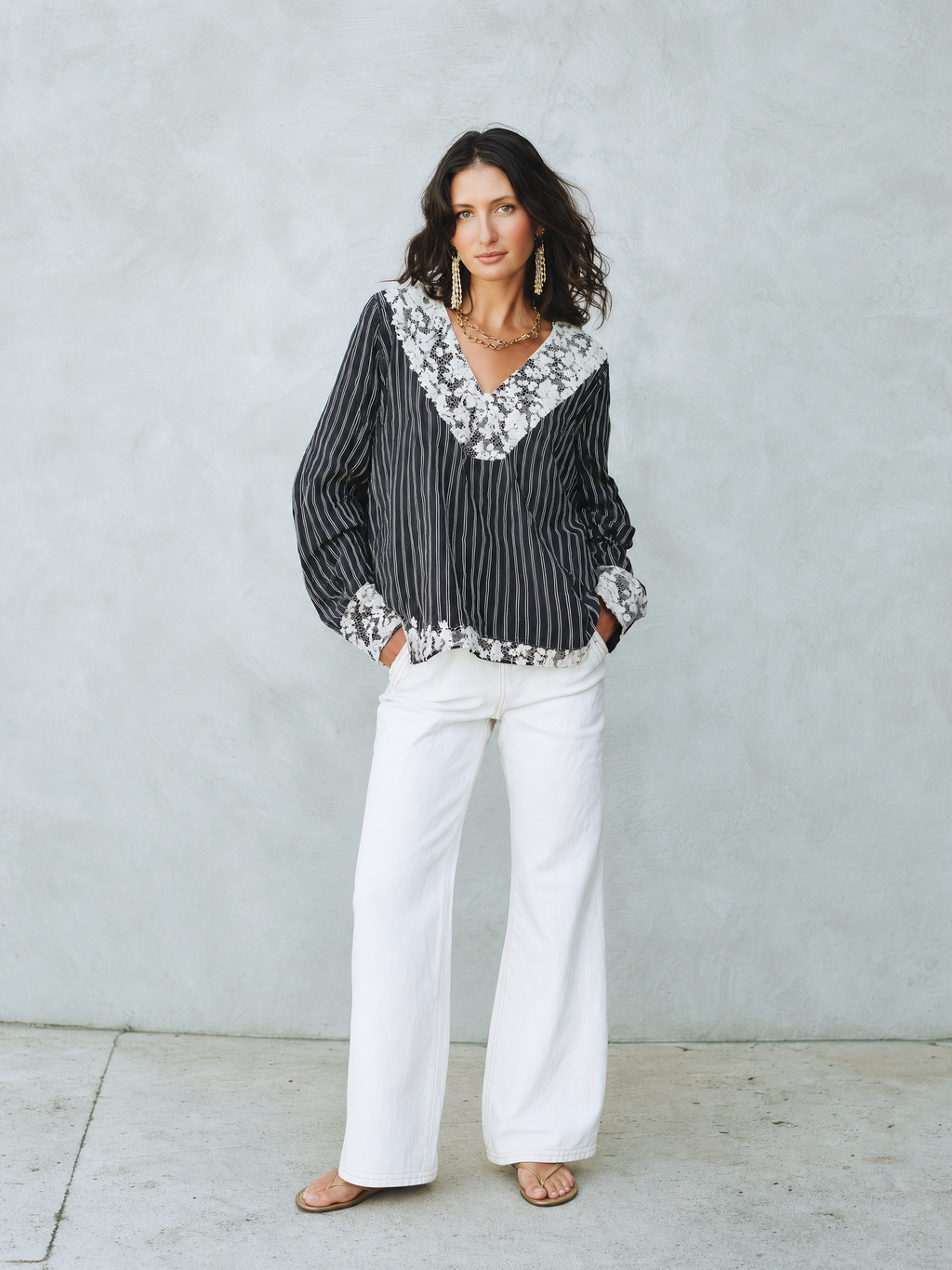 Elegant Black Lace Trim Striped Blouse