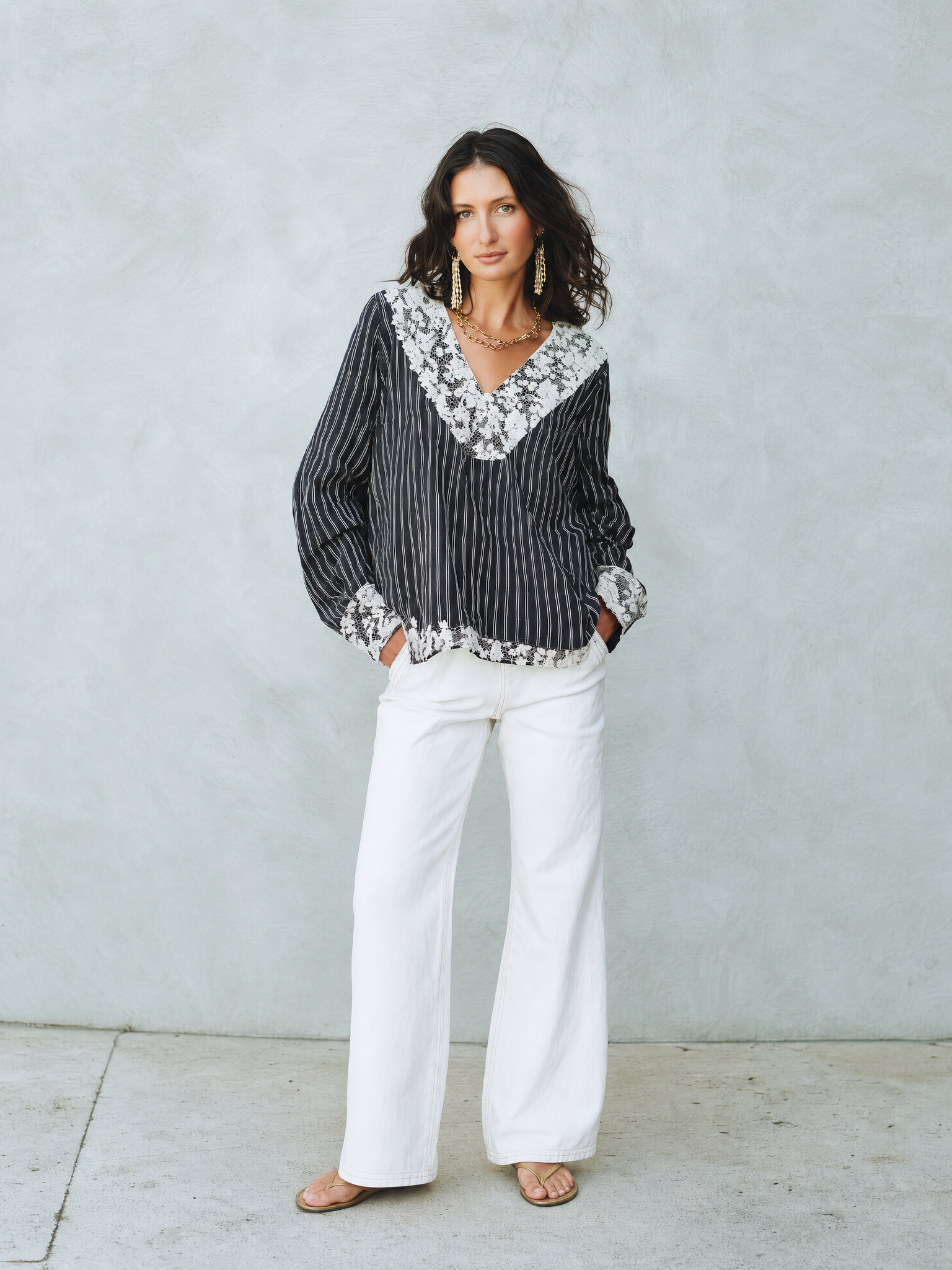 Elegant Black Lace Trim Striped Blouse