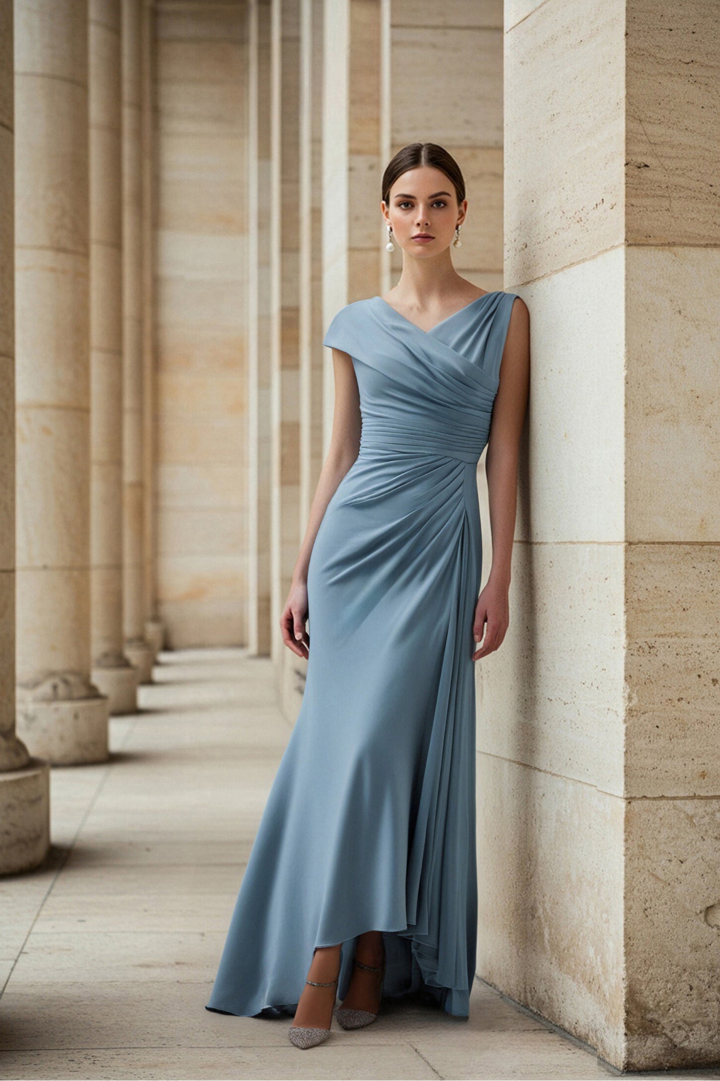 Wedding Guest Party Dress Blue Ruched V Neck Maxi Dress