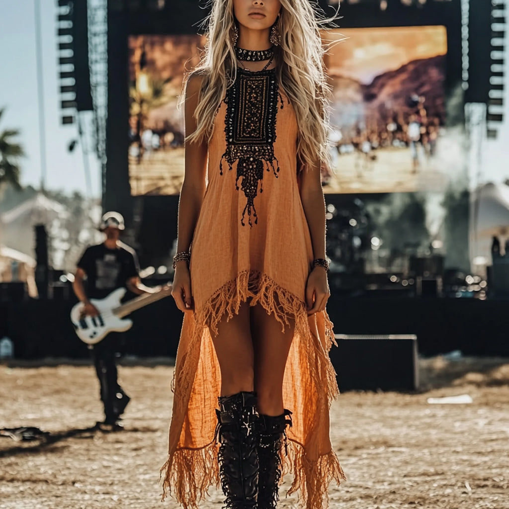 Music Festival Rock Party Heat Wave Carnival Vintage Wilderness Ethnic Style Linen Tassel Lace Suspender Dress
