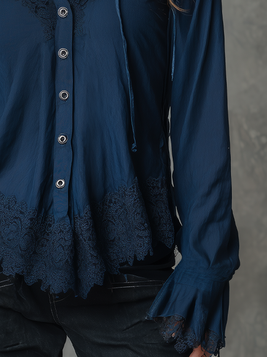 Relaxed Navy Lace Trim Hooded Blouse