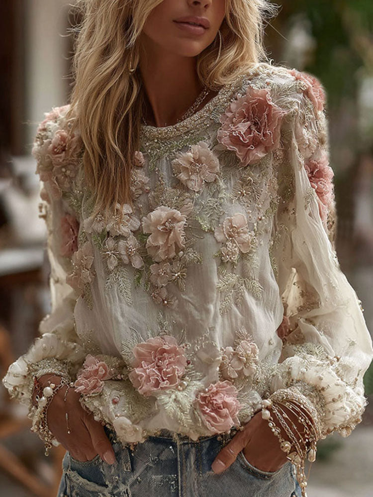Women's Vintage Floral Art Print Comfy Long Sleeve T-shirt