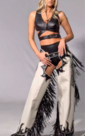 Black & White Faux Leather Crystal Embellished Fringe Chaps Set with Cutout Crop Top