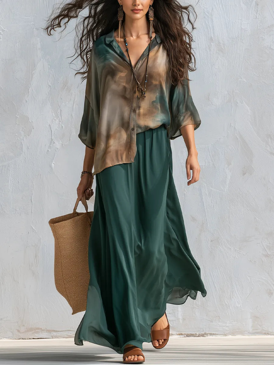Bohemian Deep Teal Printed Draped Shirt &  Pants Set