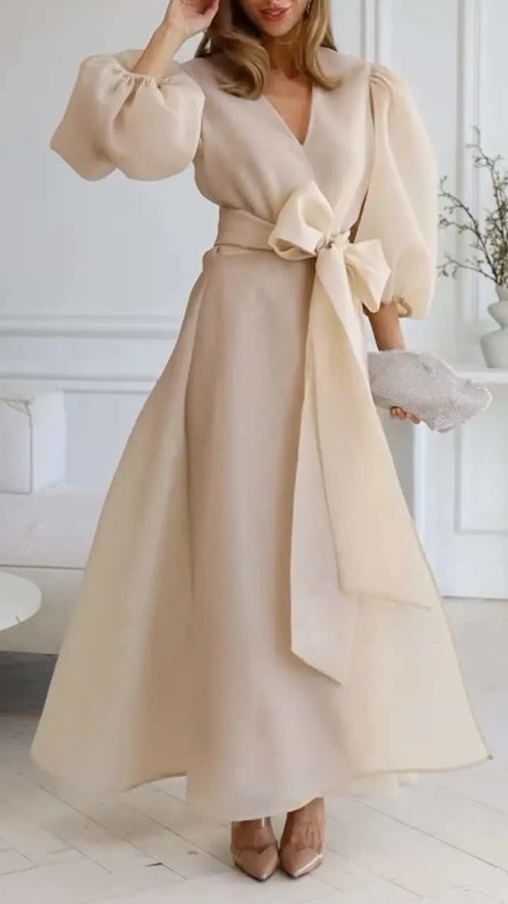 Two Piece Champagne Satin Midi Dress with Organza Puff Sleeve Cardigan