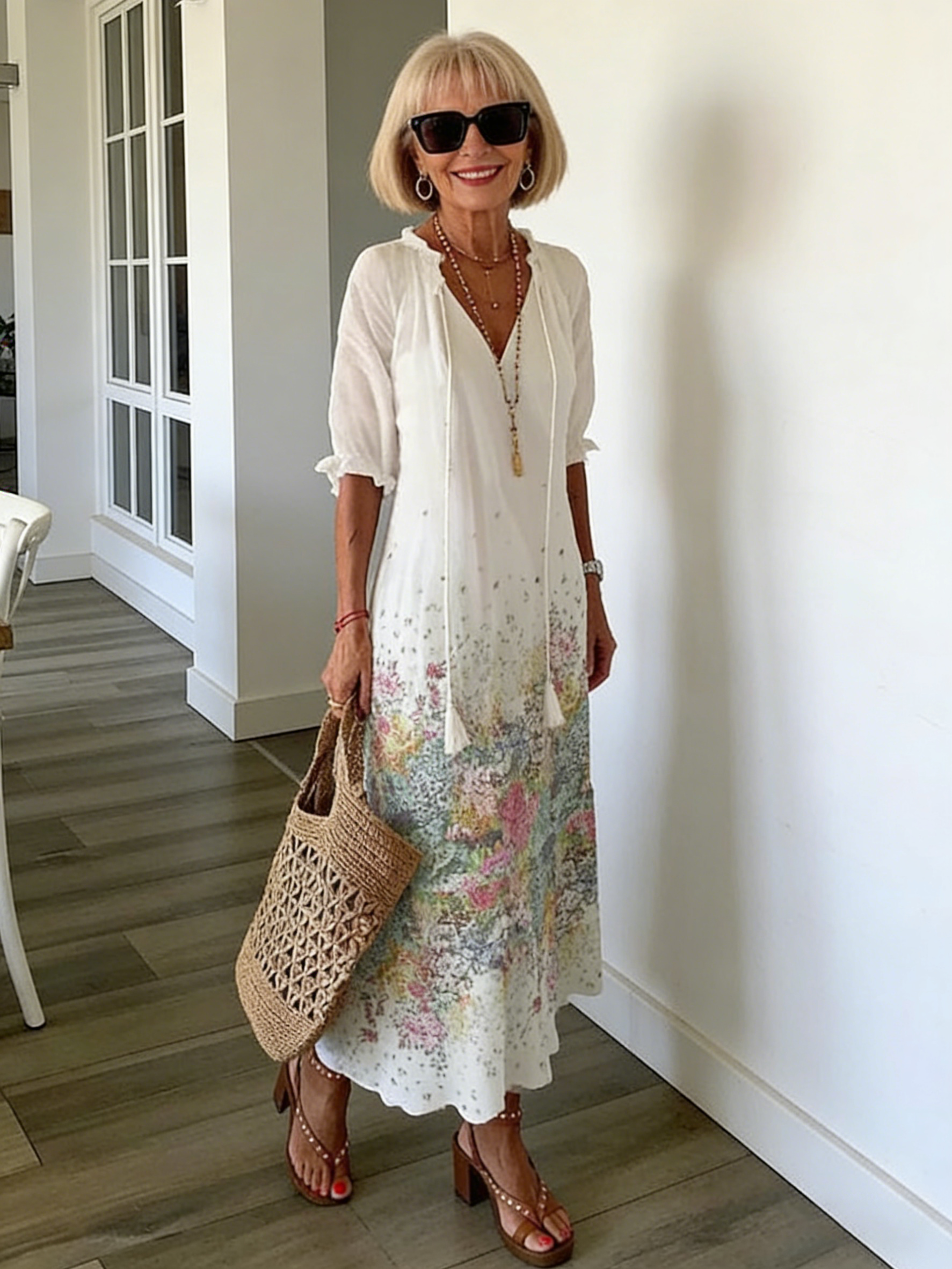 Half Sleeve Floral Print Summer Fall V Neck Casual Geometric Printed Dress
