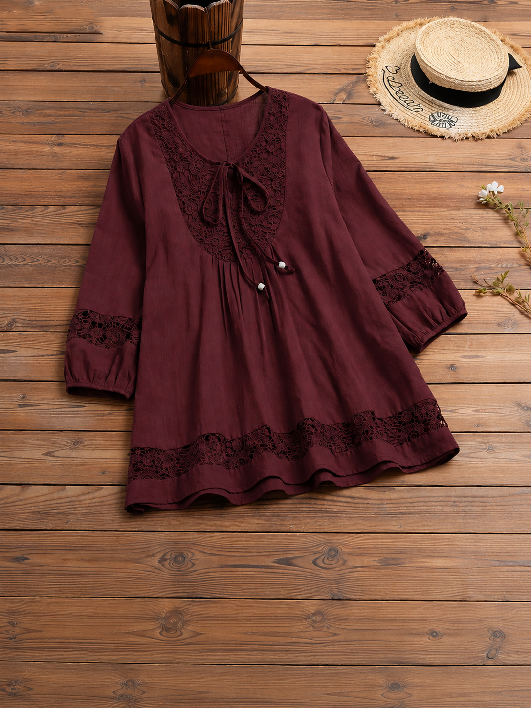 Lace-paneled Cotton-linen Top With Tie Detail — Loose-fit, Three-quarter Sleeve, Cotton-feel Fabric
