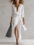 Bohemian White Knotted Slit Dress