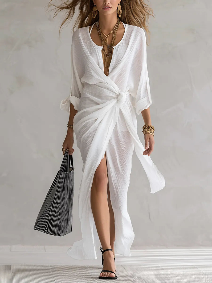Bohemian White Knotted Slit Dress