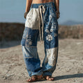 Floral Lace Japanese Sashiko Patchwork Flowy Linen Pants