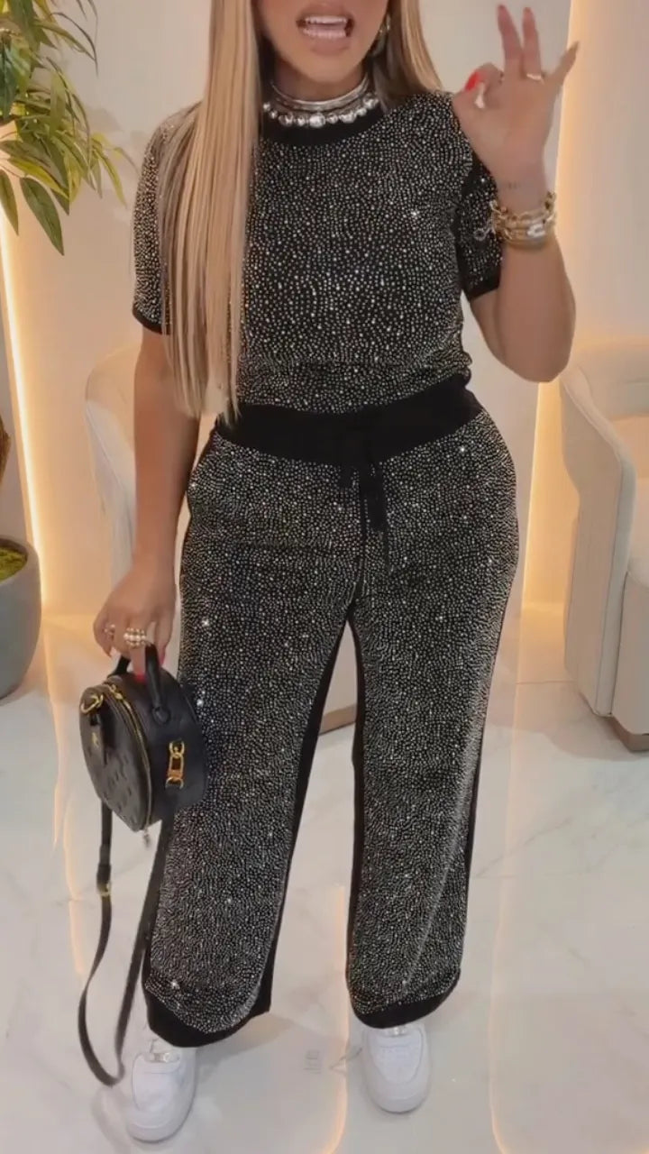 Black Rhinestone Embellished Drawstring Waist Pants Set