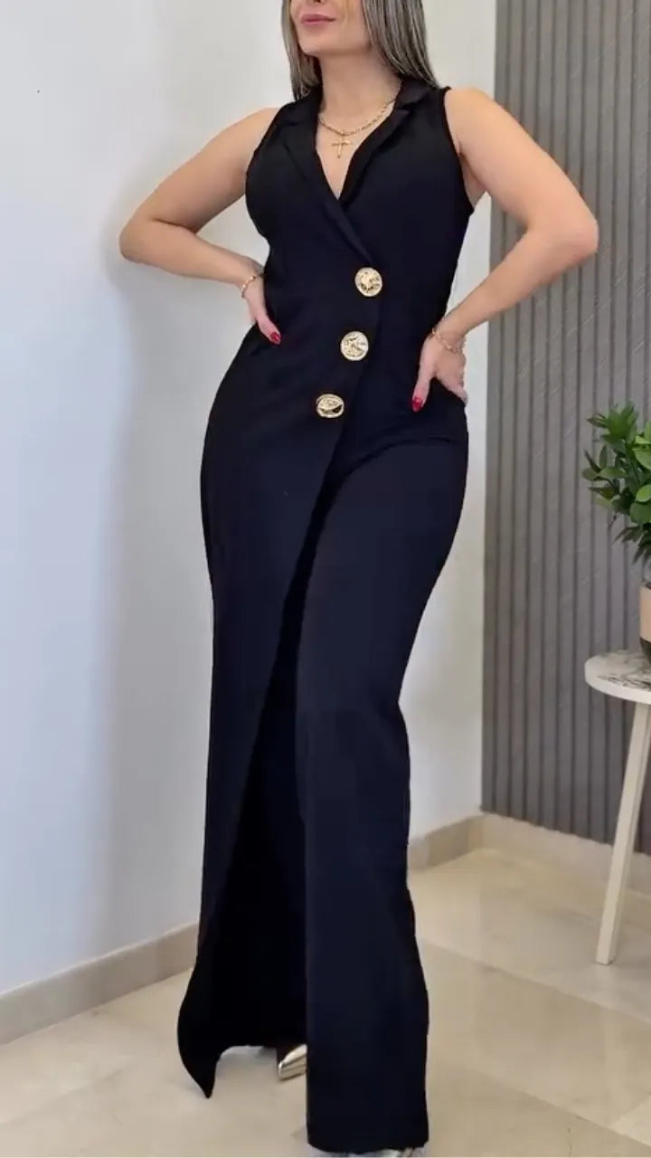 Women's Collared Button Irregular Faux Two-Piece Jumpsuit